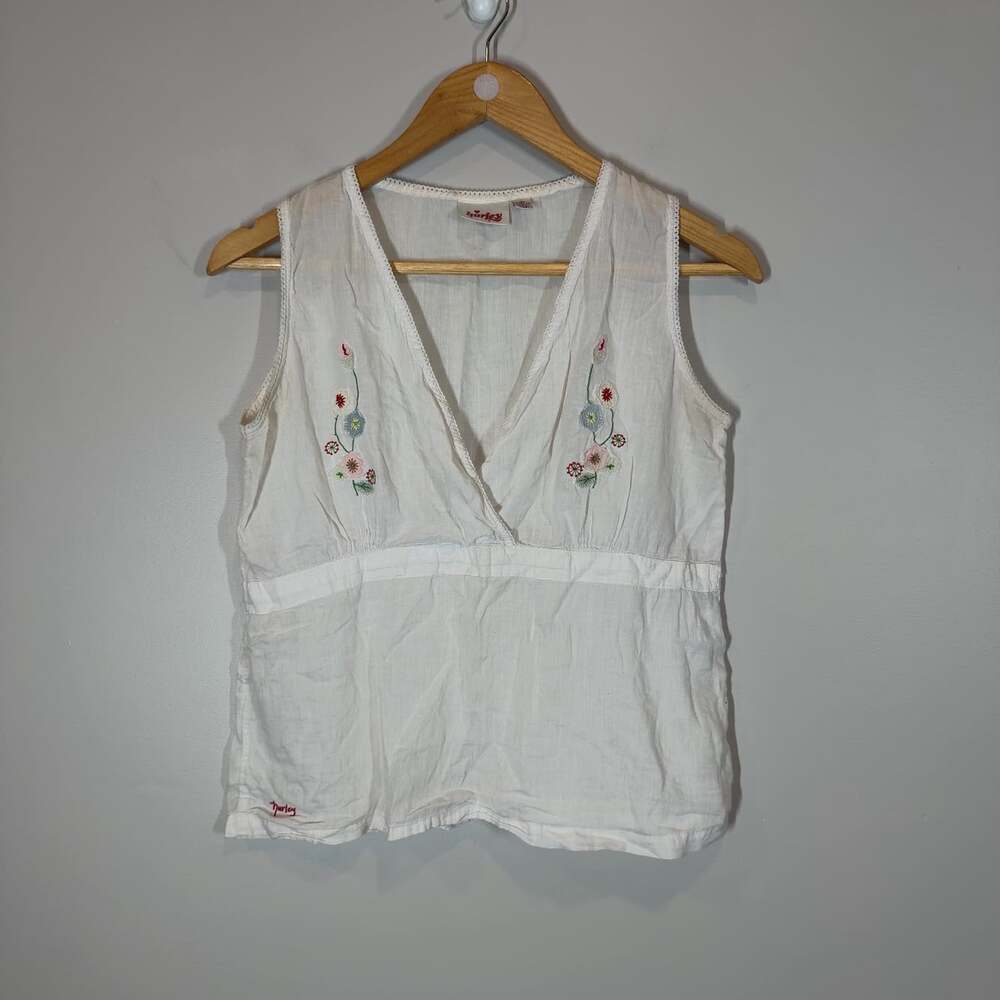 Vintage Hurley White Sleeveless Tank Top Floral Embroidered Boho Y2K Sz M